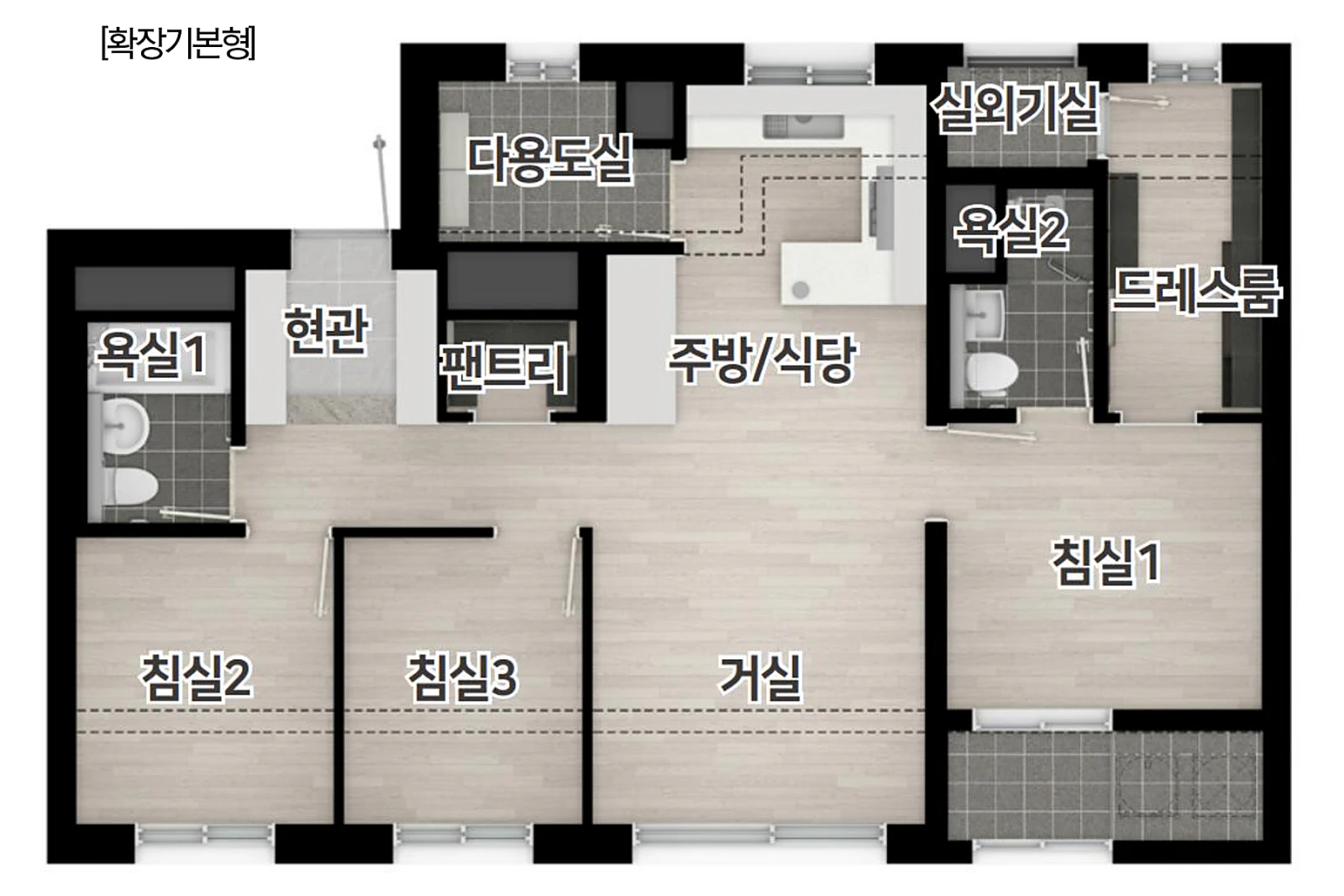 59A1㎡ 타입 평면도 — 3BAY 판상형, 침실 3개·거실·주방/식당·드레스룸