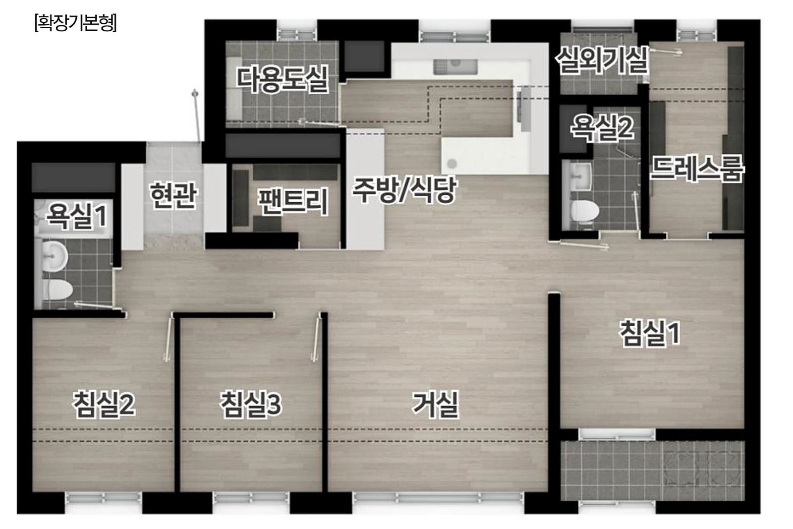 74A㎡ 타입 평면도 — 4BAY 판상형, 침실 3개·거실·주방/식당