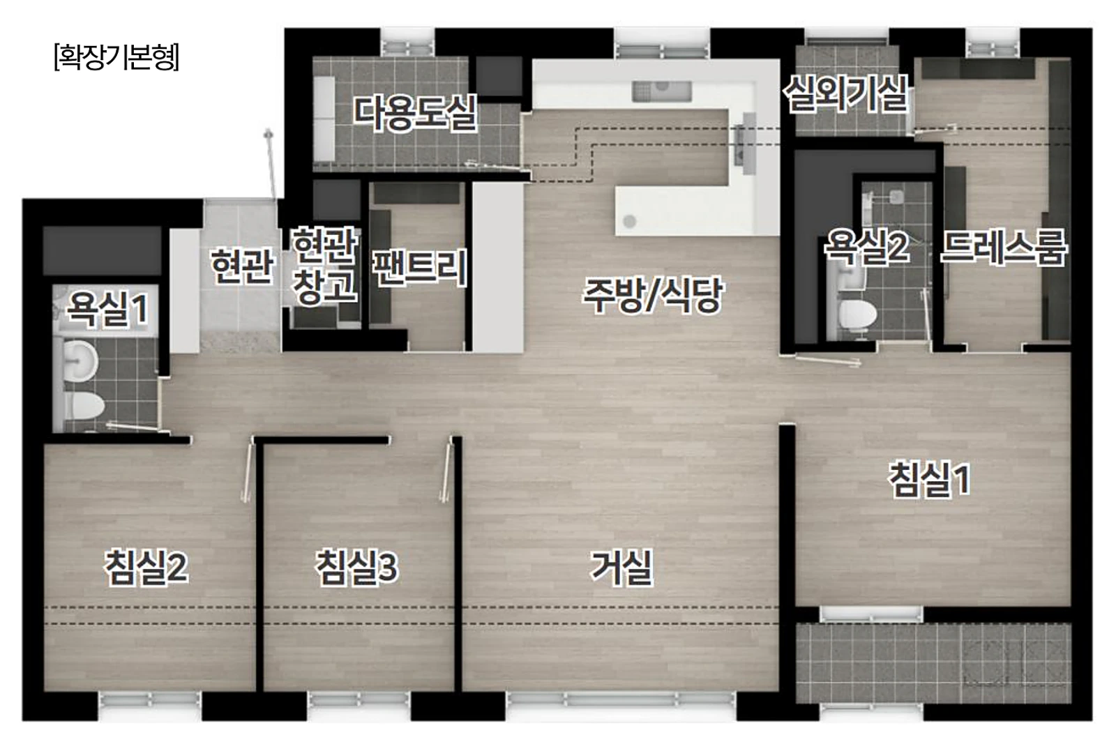 84A㎡ 타입 평면도 — 4BAY 판상형, 침실 3개·거실·주방/식당·드레스룸·다용도실