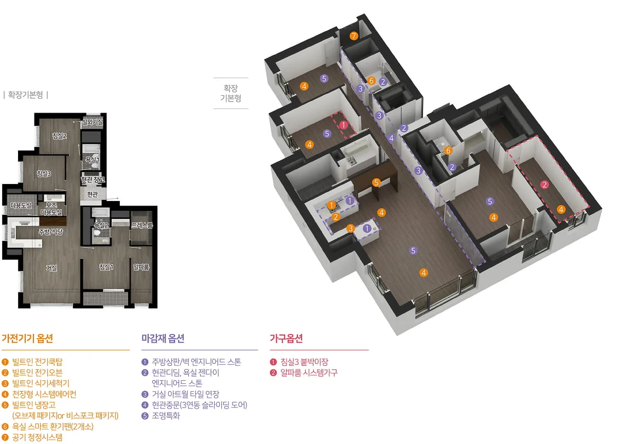 101B 타입 3D 아이소메트릭 평면 및 확장형 2D 평면도