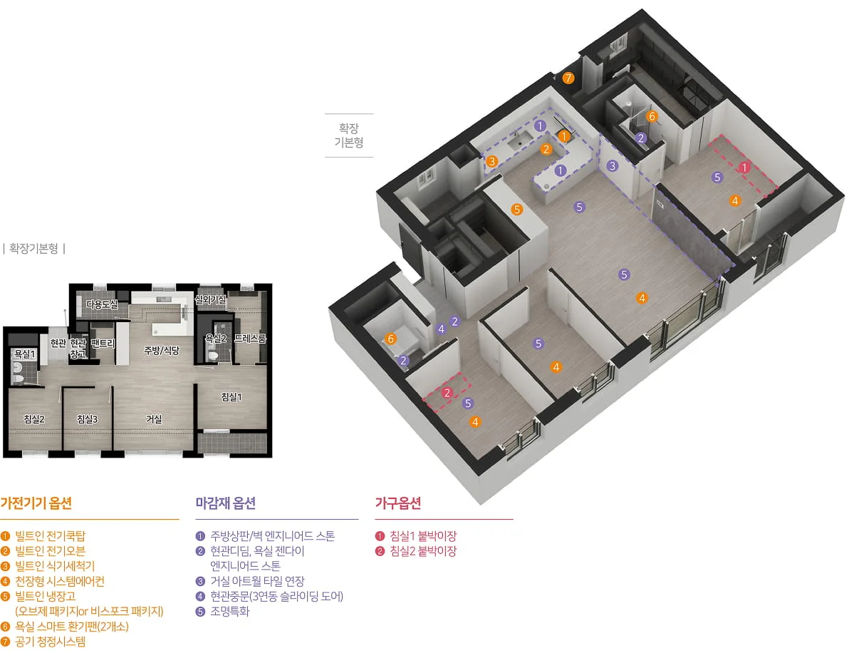 84A 타입 3D 아이소메트릭 평면 및 확장형 2D 평면도