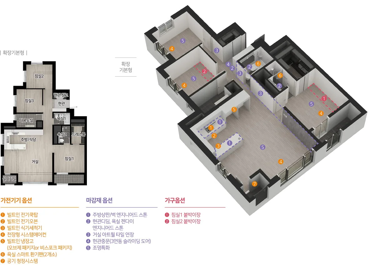 84C 타입 3D 아이소메트릭 평면 및 확장형 2D 평면도